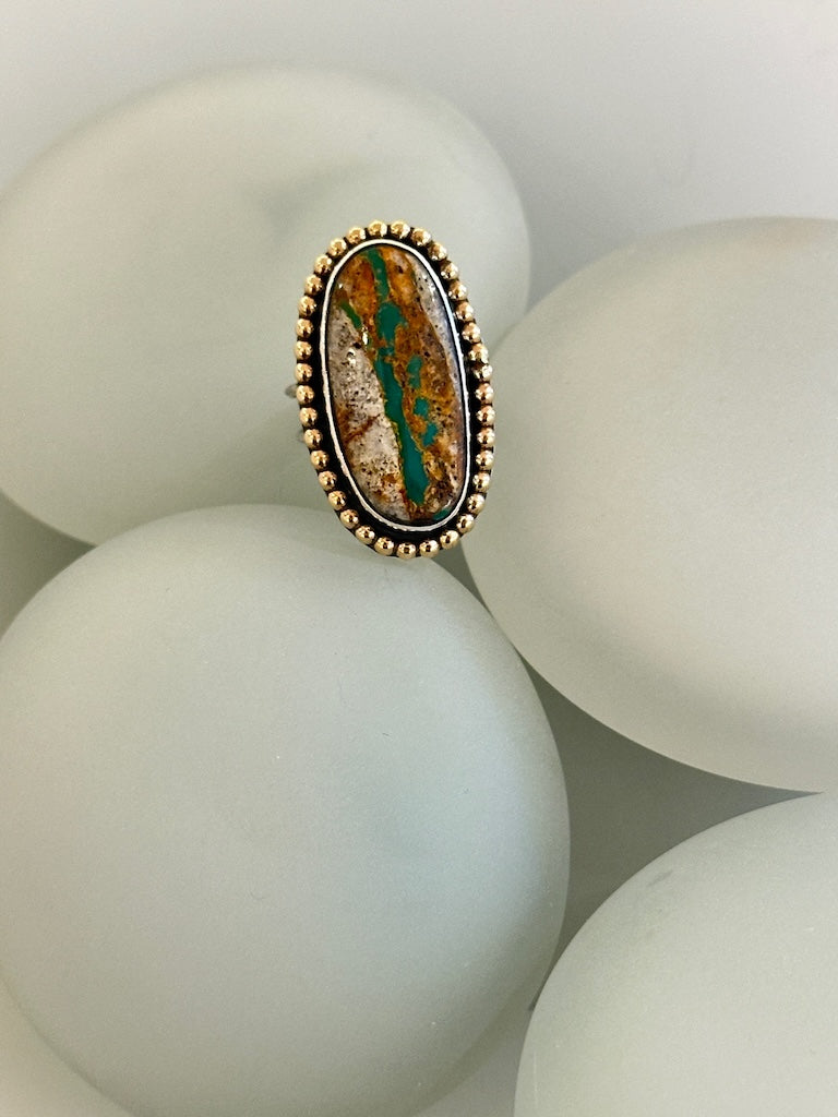 LARGE OVAL RIBBON TURQUOISE RING WITH 14K GOLD FILLED BEADED WIRE WK123