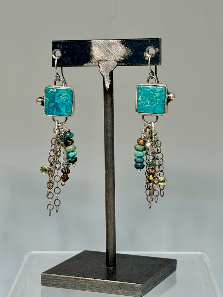 SQUARE TURQUOISE AND MULTI STONE DANGLE EARRINGS WK136