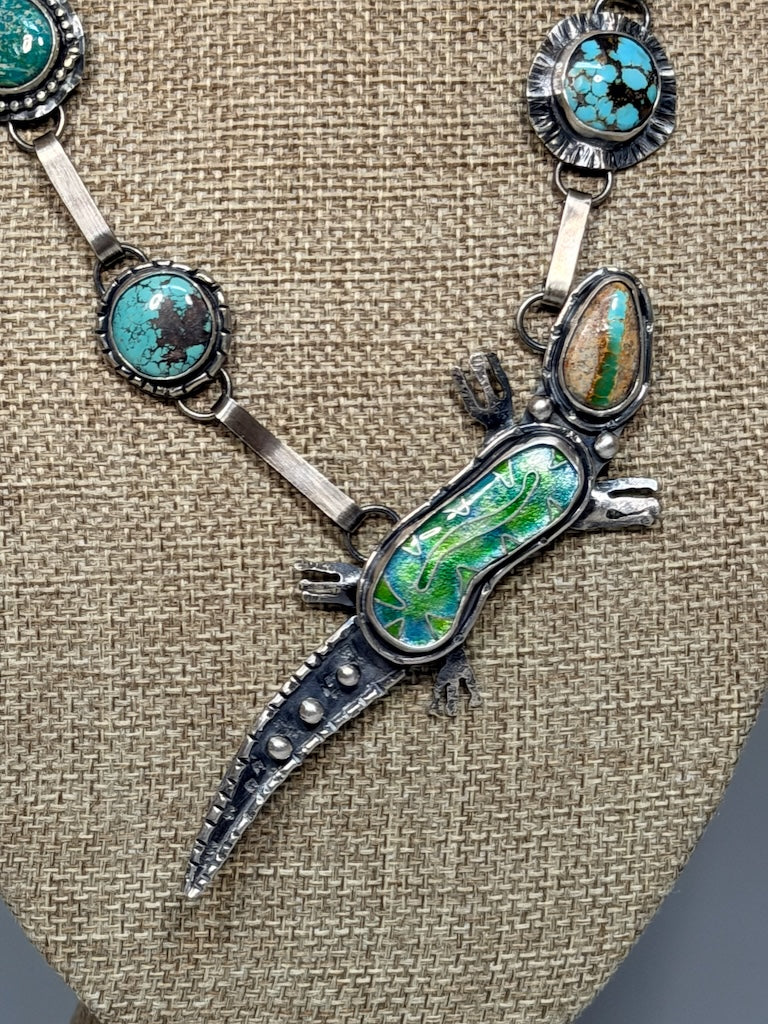ENAMEL LIZARD, TURQUOISE AND STERLING SILVER NECKLACE WK137
