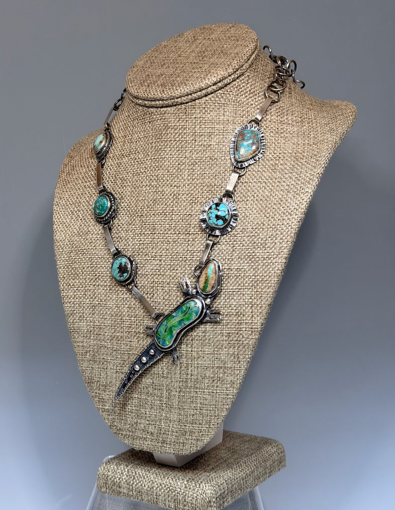 ENAMEL LIZARD, TURQUOISE AND STERLING SILVER NECKLACE WK137