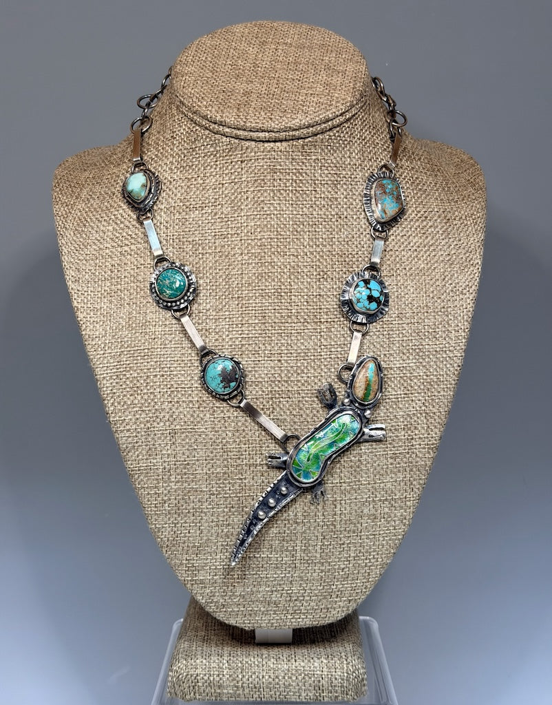ENAMEL LIZARD, TURQUOISE AND STERLING SILVER NECKLACE WK137