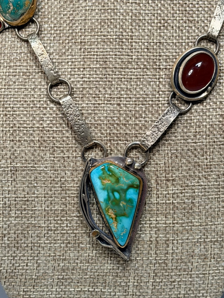 TURQUOISE AND GEMSTONE GRADE CARNELIAN AND STERLING SILVER NECKLACE WK143