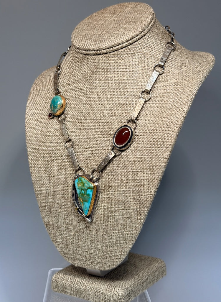 TURQUOISE AND GEMSTONE GRADE CARNELIAN AND STERLING SILVER NECKLACE WK143