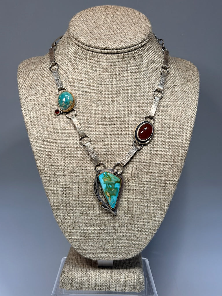 TURQUOISE AND GEMSTONE GRADE CARNELIAN AND STERLING SILVER NECKLACE WK143