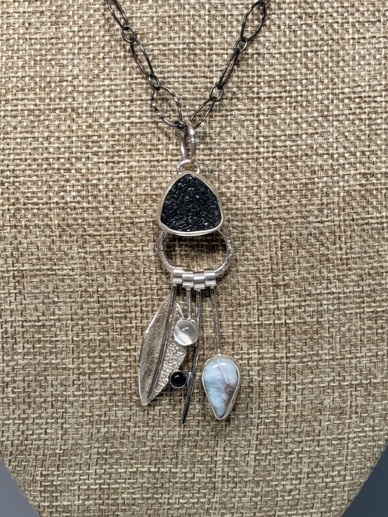 BLACK DRUZY STERLING SILVER NECKLACE WITH LARIMAR, MOON STONE, ONYX AND SILVER LEAF WK146