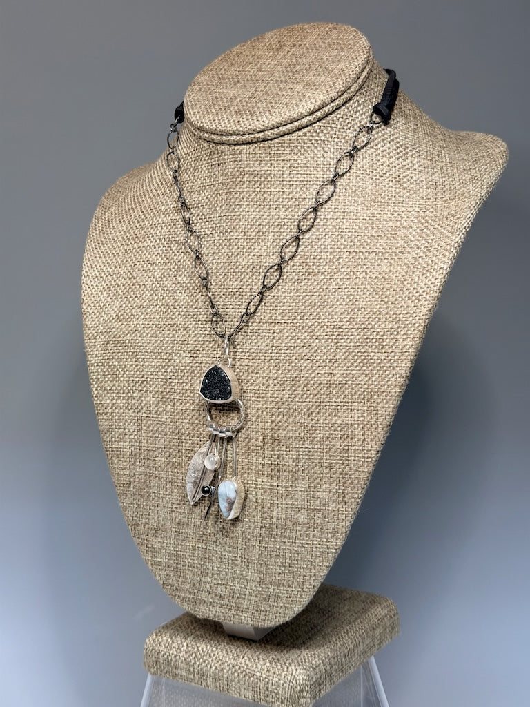 BLACK DRUZY STERLING SILVER NECKLACE WITH LARIMAR, MOON STONE, ONYX AND SILVER LEAF WK146