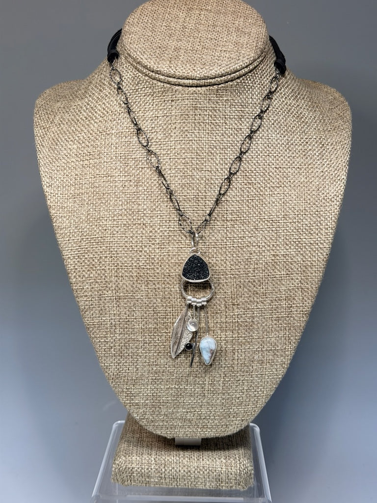 BLACK DRUZY STERLING SILVER NECKLACE WITH LARIMAR, MOON STONE, ONYX AND SILVER LEAF WK146