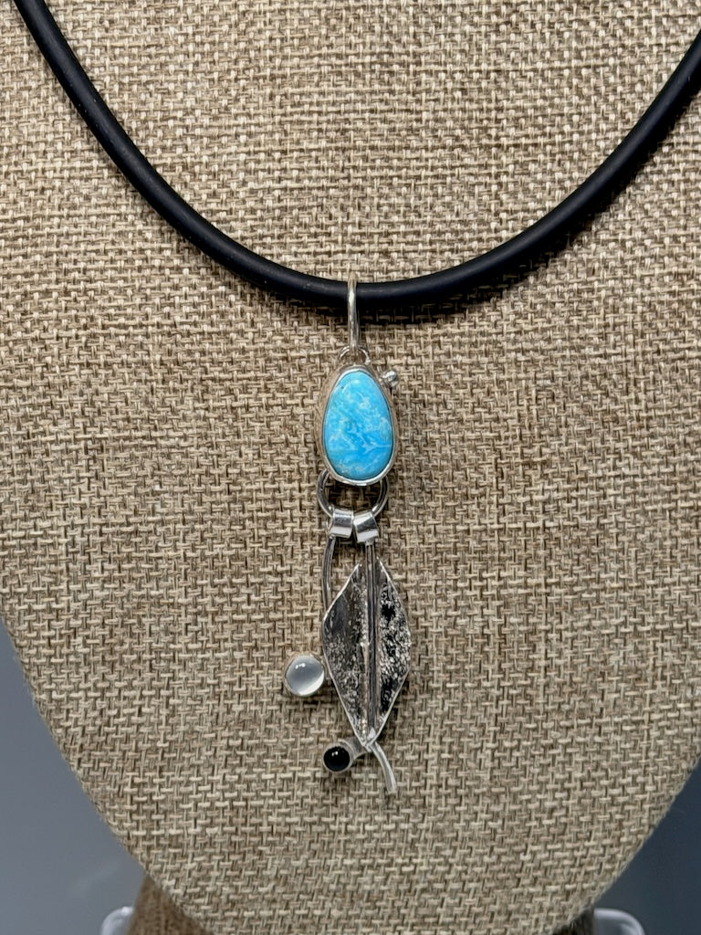 TURQUOISE NECKLACE WITH STERLING SILVER LEAF, MOON STONE, BLACK ONYX ON BLACK CORD WK147