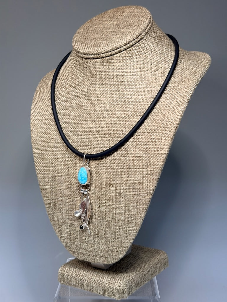 TURQUOISE NECKLACE WITH STERLING SILVER LEAF, MOON STONE, BLACK ONYX ON BLACK CORD WK147