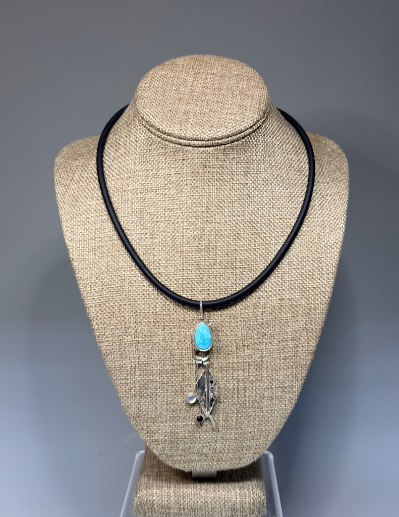 TURQUOISE NECKLACE WITH STERLING SILVER LEAF, MOON STONE, BLACK ONYX ON BLACK CORD WK147