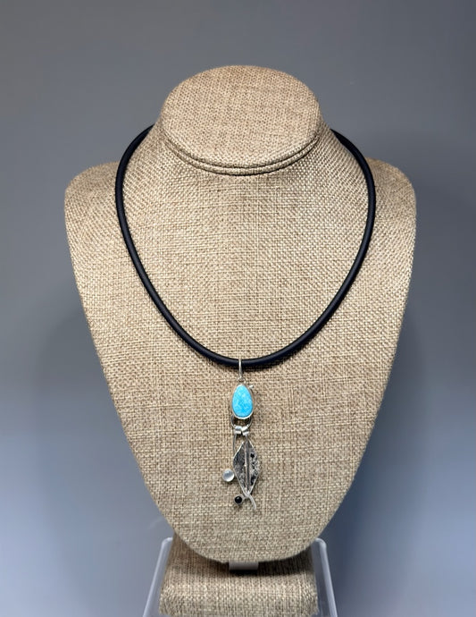 TURQUOISE NECKLACE WITH STERLING SILVER LEAF, MOON STONE, BLACK ONYX ON BLACK CORD WK147
