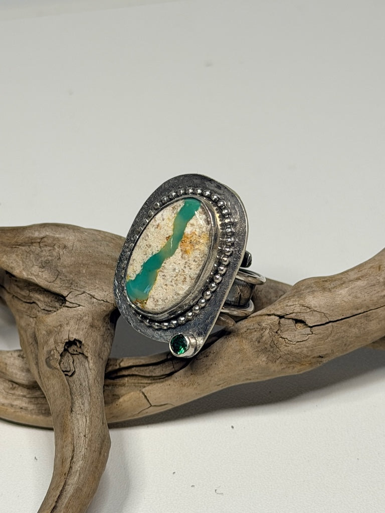 GREEN RIBBON TURQUOISE STERLING SILVER ADJUSTABLE RING WK154