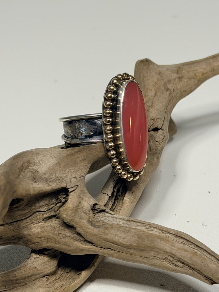 PINK AFRICAN SMITHONITE WITH 14K GOLD FILLED TRIM & STERLING SILVER ADJUSTABLE RING WK155