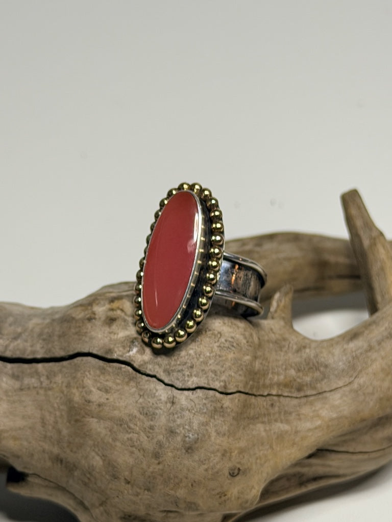 PINK AFRICAN SMITHONITE WITH 14K GOLD FILLED TRIM & STERLING SILVER ADJUSTABLE RING WK155