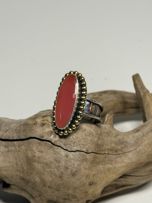 PINK AFRICAN SMITHONITE WITH 14K GOLD FILLED TRIM & STERLING SILVER ADJUSTABLE RING WK155