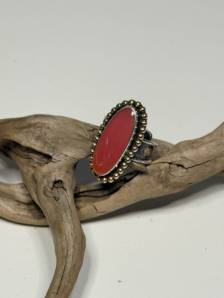 PINK AFRICAN SMITHONITE WITH 14K GOLD FILLED TRIM & STERLING SILVER ADJUSTABLE RING WK155
