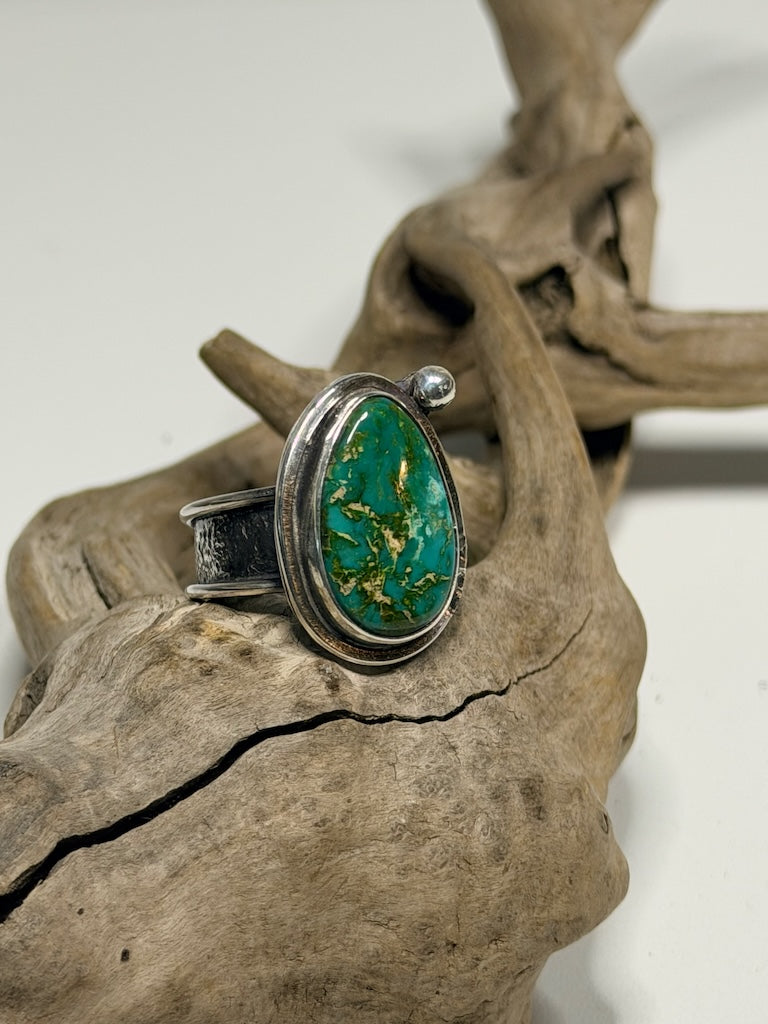 GREEN TURQUOISE TEAR DROP STERLING SILVER ADJUSTABLE RING WK156