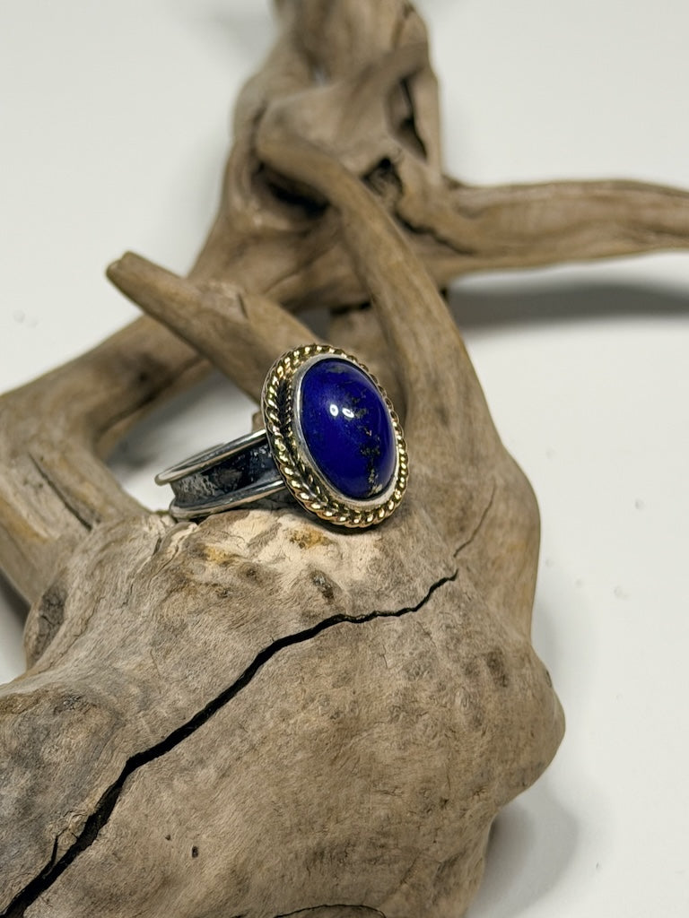 BLUE LAPIS STERLING SILVER ADJUSTABLE RING WITH 14K GOLD FILLED WIRE WK157