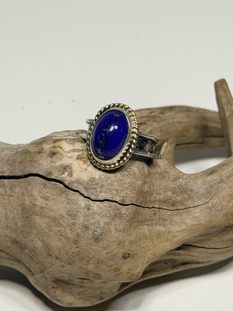 BLUE LAPIS STERLING SILVER ADJUSTABLE RING WITH 14K GOLD FILLED WIRE WK157