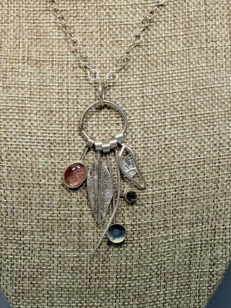 MULTI LAYER NECKLACE WITH STERLING SILVER LEAF, PINK TOURMALINE & BLACK DRUZY WK161