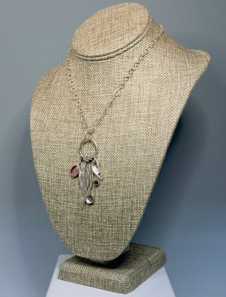 MULTI LAYER NECKLACE WITH STERLING SILVER LEAF, PINK TOURMALINE & BLACK DRUZY WK161
