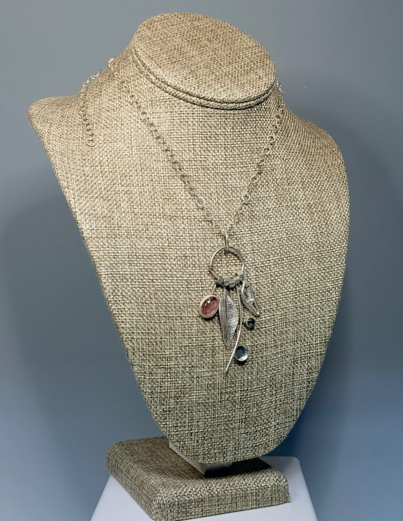 MULTI LAYER NECKLACE WITH STERLING SILVER LEAF, PINK TOURMALINE & BLACK DRUZY WK161