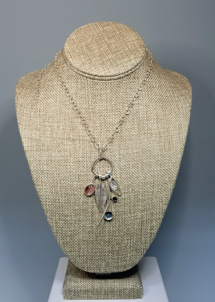 MULTI LAYER NECKLACE WITH STERLING SILVER LEAF, PINK TOURMALINE & BLACK DRUZY WK161