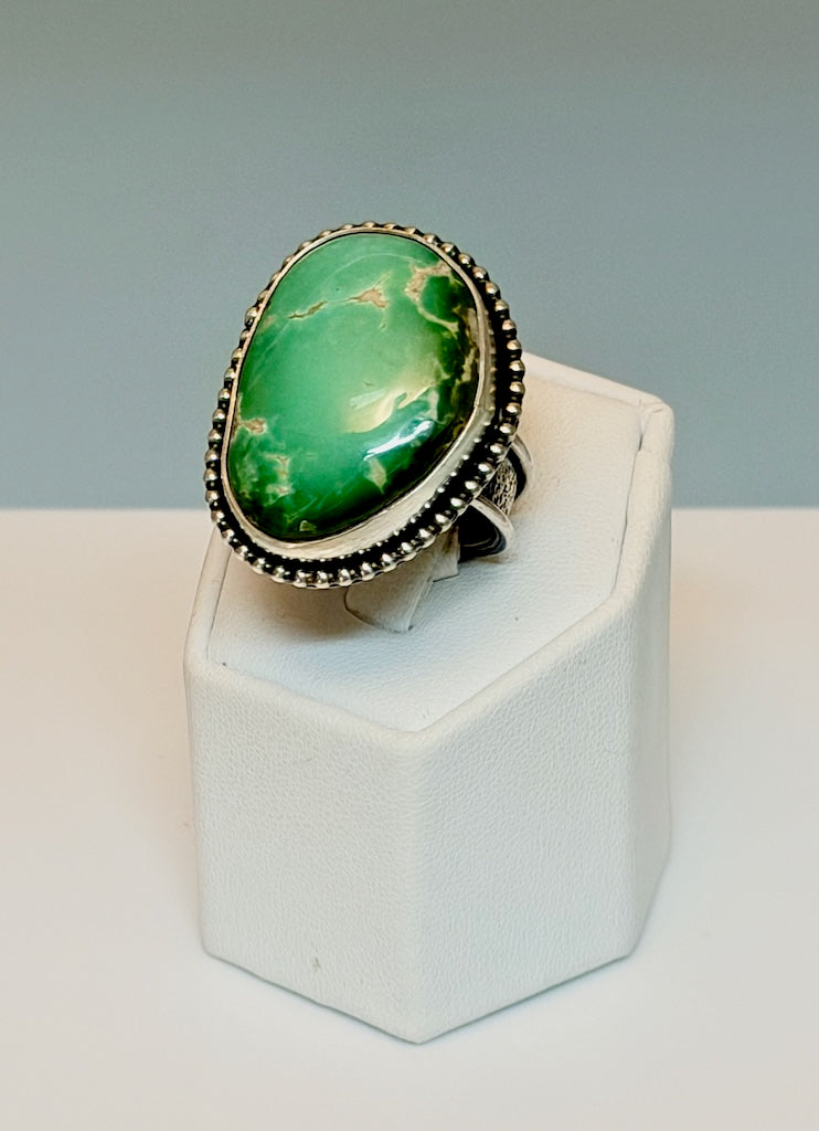 LARGE TURQUOISE WITH SILVER BEADS ADJUSTABLE RING WK164