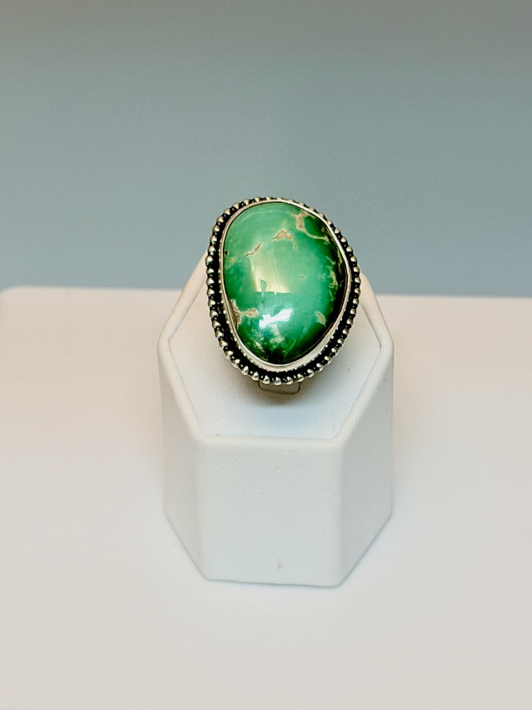 LARGE TURQUOISE WITH SILVER BEADS ADJUSTABLE RING WK164