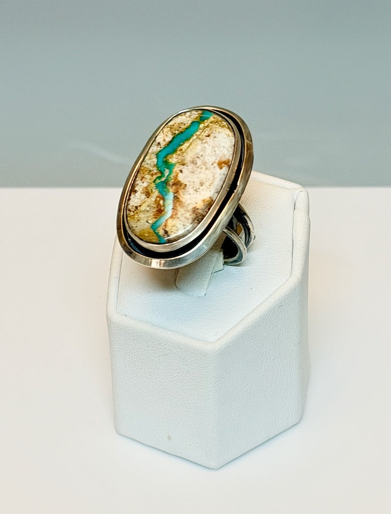 RIBBON TURQUOISE WITH STERLING SILVER BORDER ADJUSTABLE RING WK165