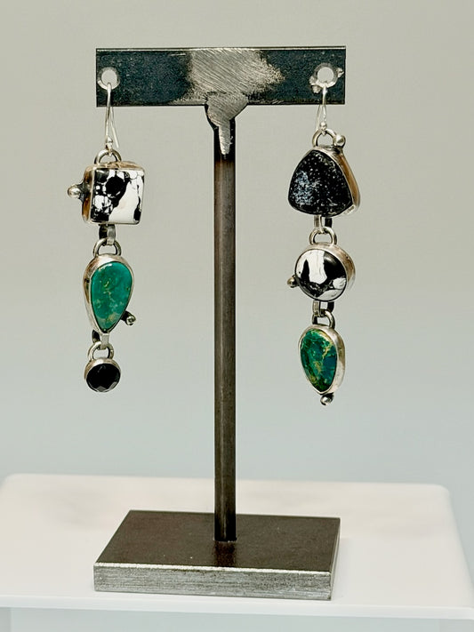 MIXED STONE EARRINGS WITH BLACK DRUZY, BLACK JACK TURQUOISE & GREEN TURQUOISE WK169