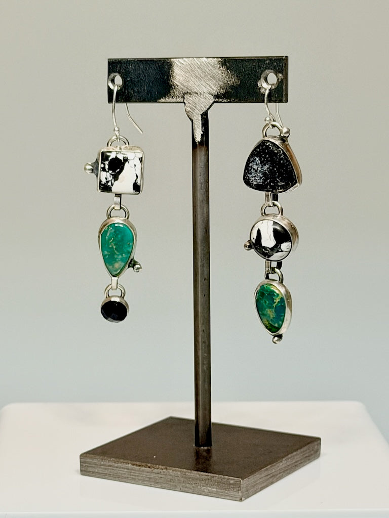 MIXED STONE EARRINGS WITH BLACK DRUZY, BLACK JACK TURQUOISE & GREEN TURQUOISE WK169