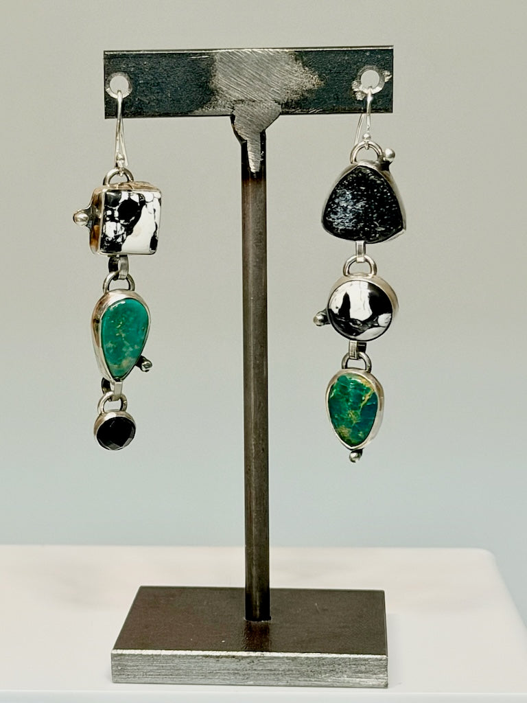 MIXED STONE EARRINGS WITH BLACK DRUZY, BLACK JACK TURQUOISE & GREEN TURQUOISE WK169