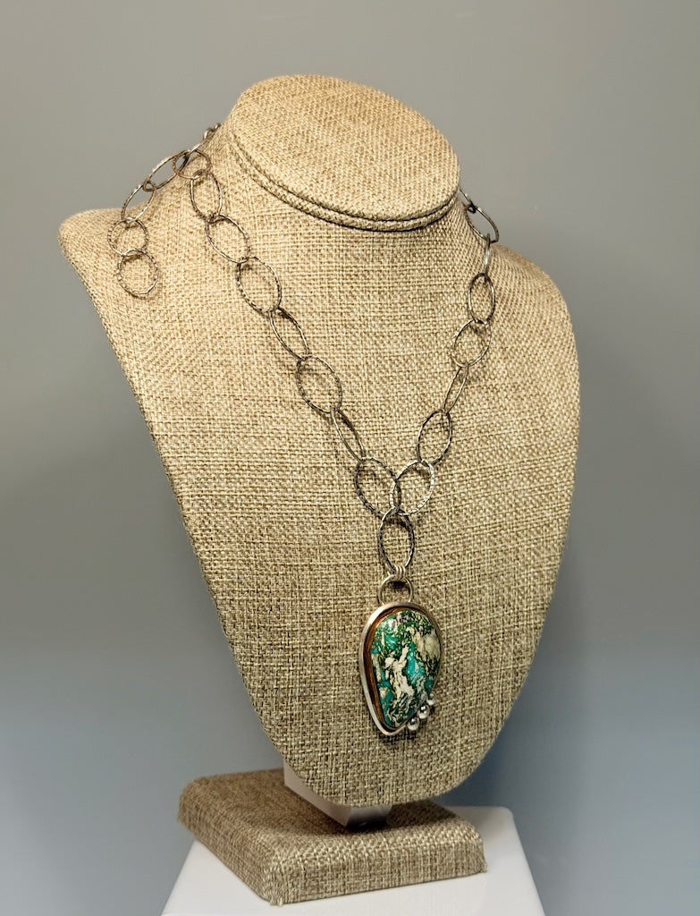 GREEN/WHITE TURQUOISE PENDANT ON STERLING SILVER CHAIN WK170
