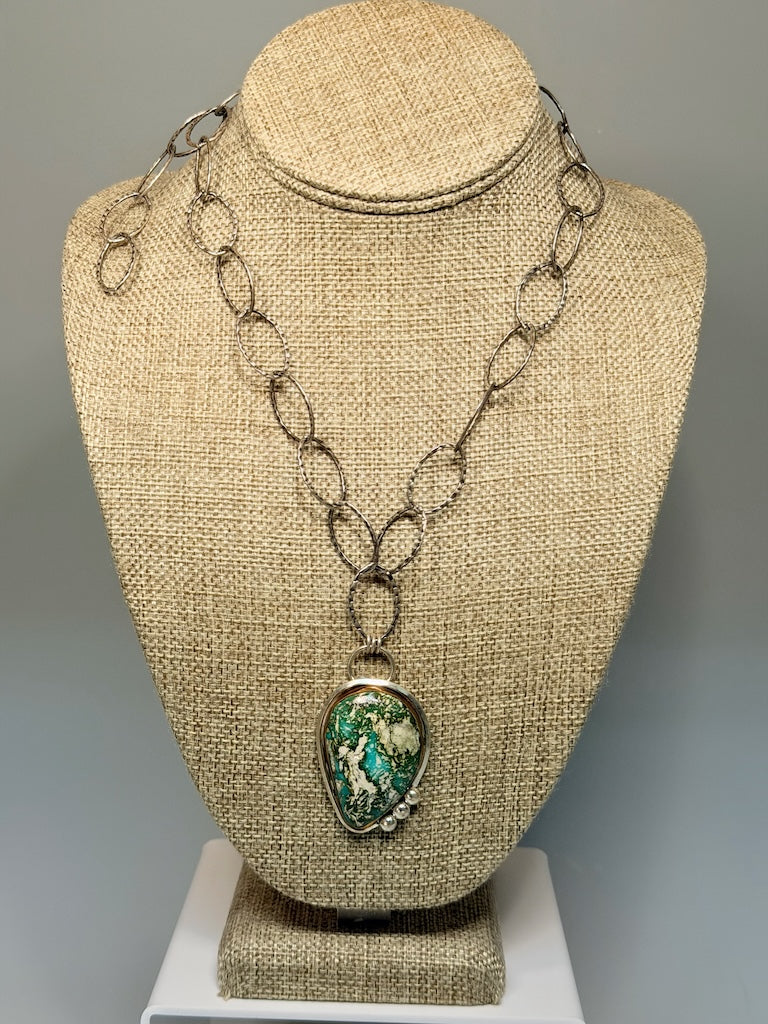 GREEN/WHITE TURQUOISE PENDANT ON STERLING SILVER CHAIN WK170