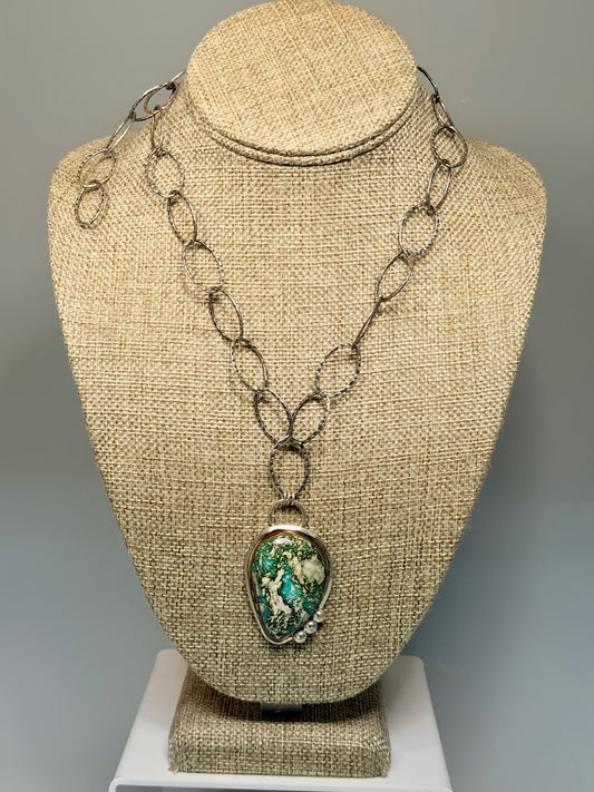 GREEN/WHITE TURQUOISE PENDANT ON STERLING SILVER CHAIN WK170
