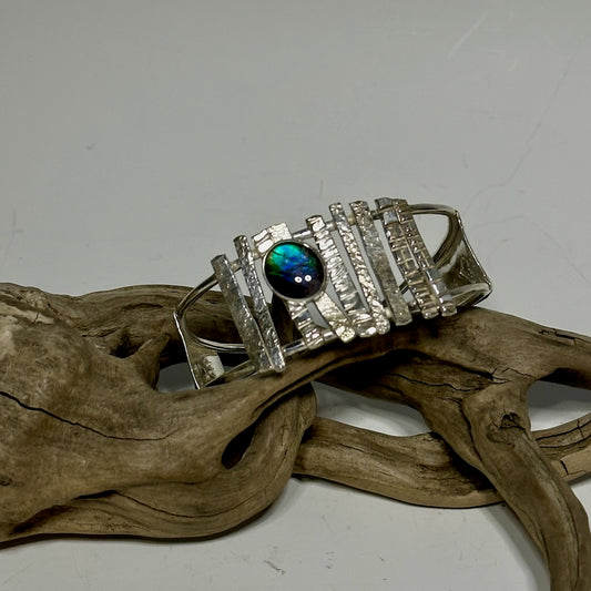 STERLING SILVER CUFF WITH MULTI TEXTURED BARS AND AMMOLITE WK84