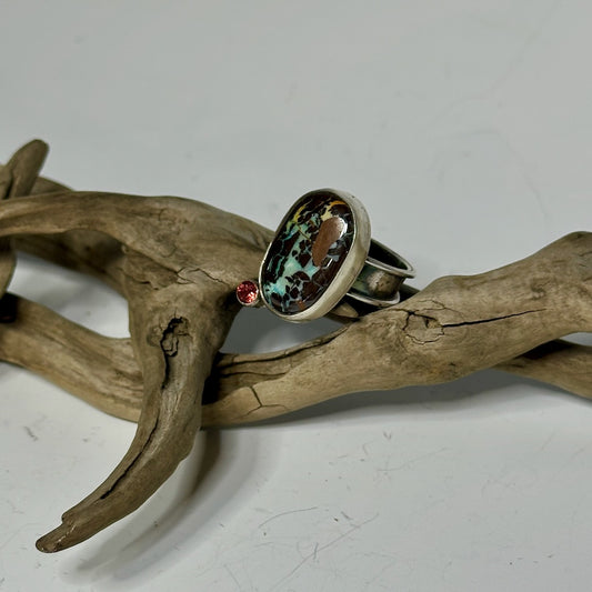 OPALIZED WOOD STERLING SILVER ADJUSTABLE RING WITH SMALL GARNET