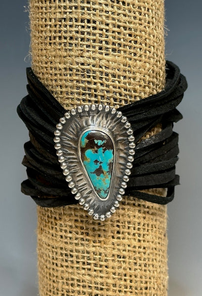 DEEP TURQUOISE AND STERLING SILVER MULTI STRAND LEATHER BRACELET WK24