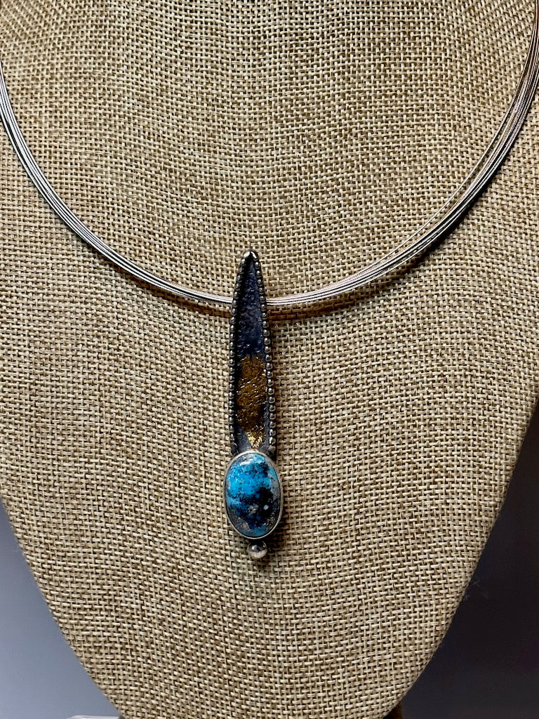 LONG STERLING SILVER FOCAL PENDANT WITH TURQUOISE AND GOLD  WK28