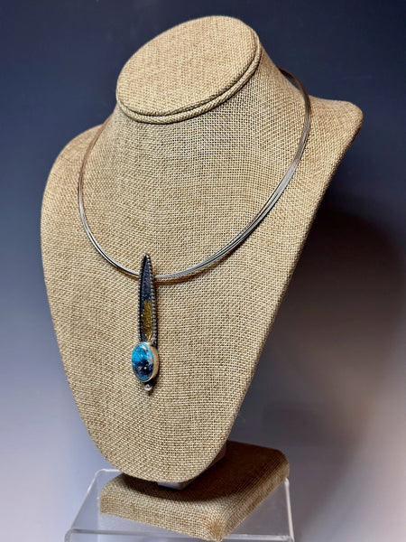 LONG STERLING SILVER FOCAL PENDANT WITH TURQUOISE AND GOLD  WK28