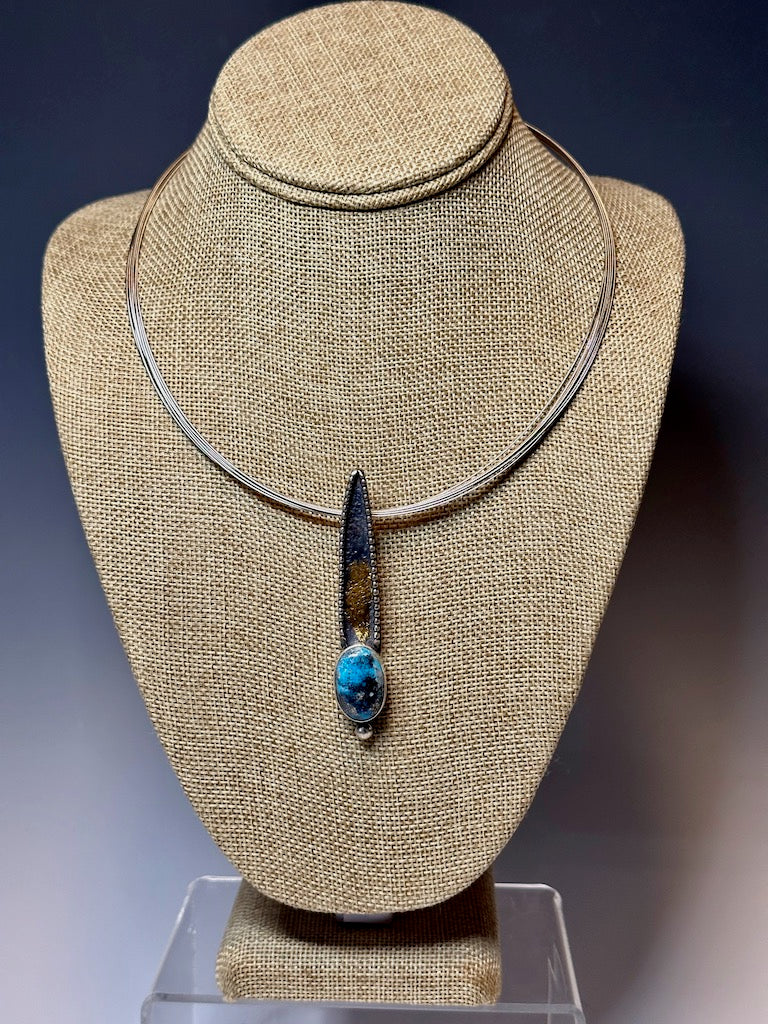 LONG STERLING SILVER FOCAL PENDANT WITH TURQUOISE AND GOLD  WK28
