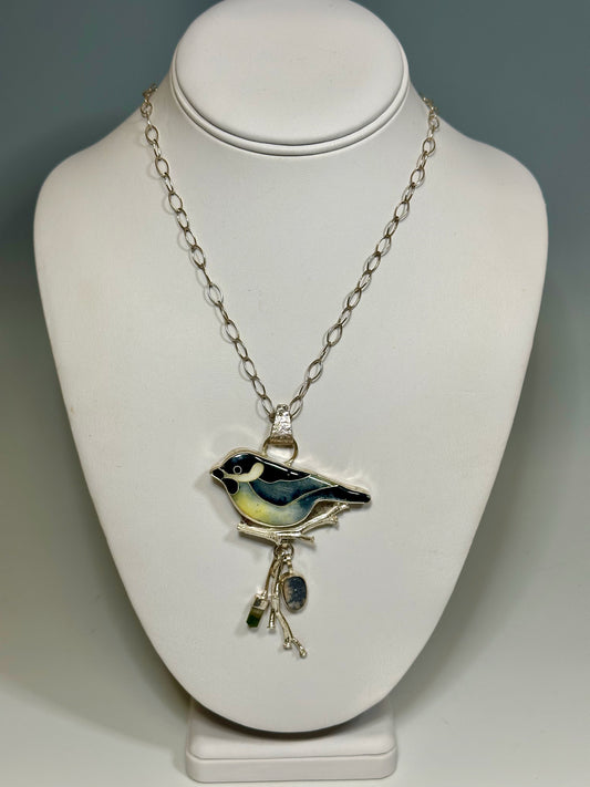 ENAMEL BIRD PENDANT WITH MIXED MEDIA NECKLACE WK47