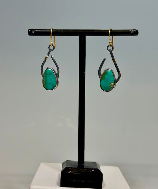 TURQUOISE EARRINGS WITH GOLD ACCENTS AND BLACKENED STERLING SILVER WK51