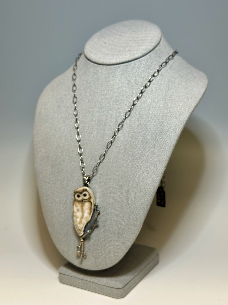 OWL CLOISONNE´ PENDANT ON OXIDIZED STERLING SILVER CHAIN NECKLACE WK56