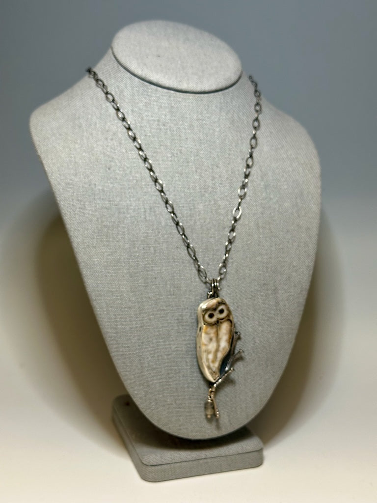 OWL CLOISONNE´ PENDANT ON OXIDIZED STERLING SILVER CHAIN NECKLACE WK56