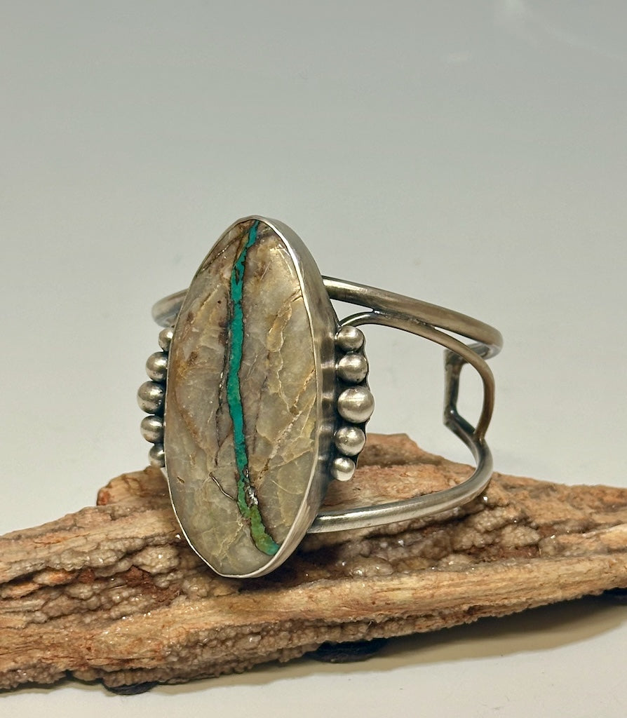 RIBBON TURQUOISE AND STERLING SILVER CUFF WITH SIDE BALL DETAIL WK63