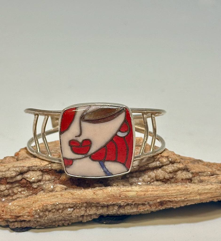 RED HEAD CLOISSONE´ AND STERLING SILVER CUFF WK64