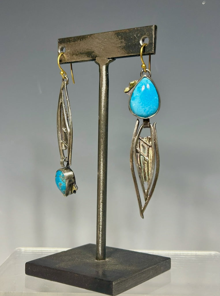 ASYMMETRICAL TURQUOISE STERLING SILVER EARRINGS  WITH GOLD WIRES WK70