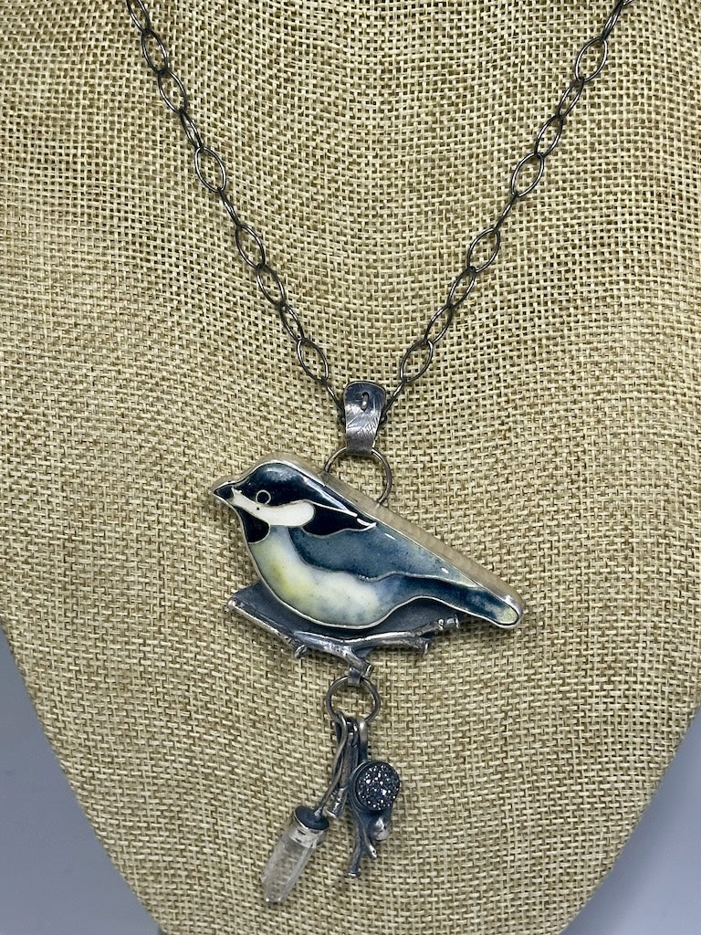 ENAMEL BIRD PENDANT WITH MIXED MEDIA NECKLACE WK74